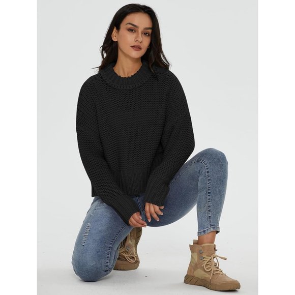 Women's Crewneck Chunky Knit Batwing Long Sleeve Loose Pullover Sweaters Tops - Picture 6 of 6